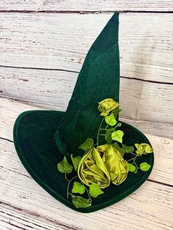 Dark Green Velvet Witch Hat with Floral Detail