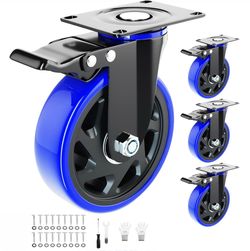 6 Inch Swivel Caster Wheels, Casters Set Of 4 Heavy Duty With Brakes, Plate Casters No Noise Locking Castor With Polyurethane Wheels For Cart, Furnitu
