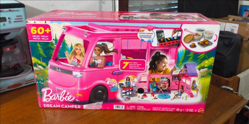NIB! Barbie Dream Camper Playset With Roof Tent, BBQ Grill With Color-Change Feature and 60+ Accessories