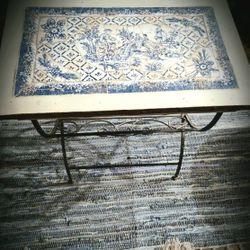 HOME DECOR FURNITURE ANTIQUE VINTAGE 2 WOOD SIDE TABLES, DELFT TILE TOP, MILITARY COT CAMP AND CABINET, TILE TOP, OHIO REGISTER