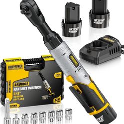 3/8" 12V Extended Cordless Ratchet Wrench, 60 Ft-lbs Extended Power Ratchet, 2 Batteries Electric Ratchet Wrench with Variable Speed, 6 Sockets, LED L