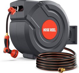 Retractable Garden Hose Reel 130 FT 1/2 Inch 180° Swivel Automatic Slow Return Any Length Lock Hose Reels for Outside 9 Pattern Sprayer Nozzle UV Resi