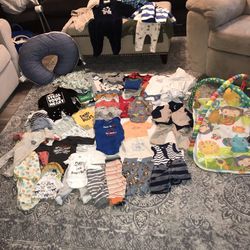 Large Selection Of Baby Boy  Clothes With Boppy Pillow And Activity Maty 