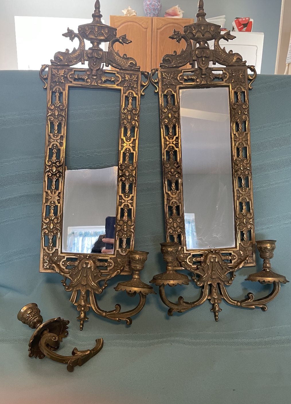 Set of 2 Antique Bronze Mirrored Dual Sconce Mirrors. Size 22.5”x8”. See Description.