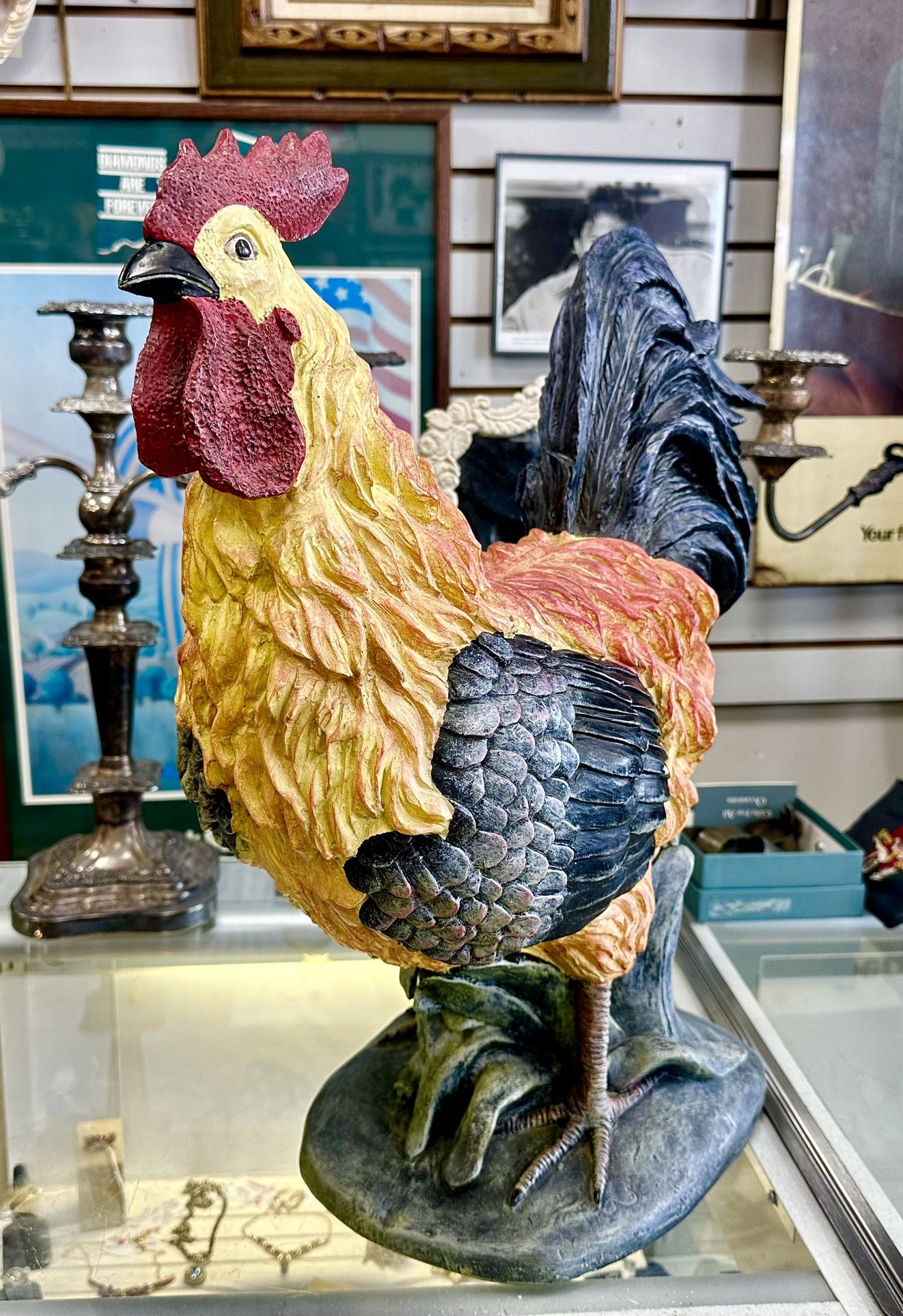 20” Huge Hand Painted Resin Vintage Country Rooster Statue Very Colorful