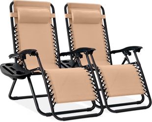 Set of 2 Adjustable Steel Mesh Zero Gravity Lounge Chair Recliners w/Pillows and Cup Holder Trays - Beige