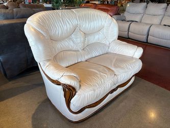 Traditional Italian White Leather Loveseat with Carved Wood Frame