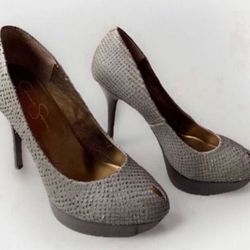 Size 7.5 Peep Toe Heels Faux Ostrich Gray Brown Platform Jessica Simpson 