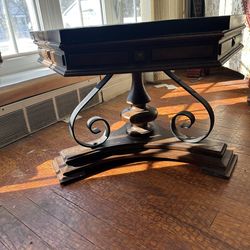 Solid Wood & Slate Pedestal Table – Heavy Statement Piece