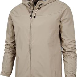 Men's Waterproof Hooded Jacket Drawstring Hood Zipper Pockets Lightweight Windbreaker（pls choose color)