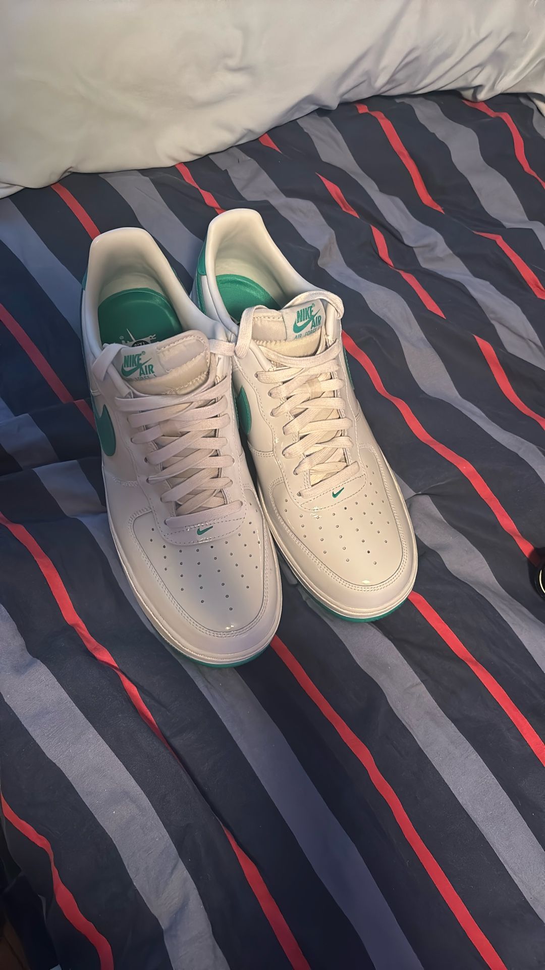 White/Green Nike Air Force 1s Size 12.5