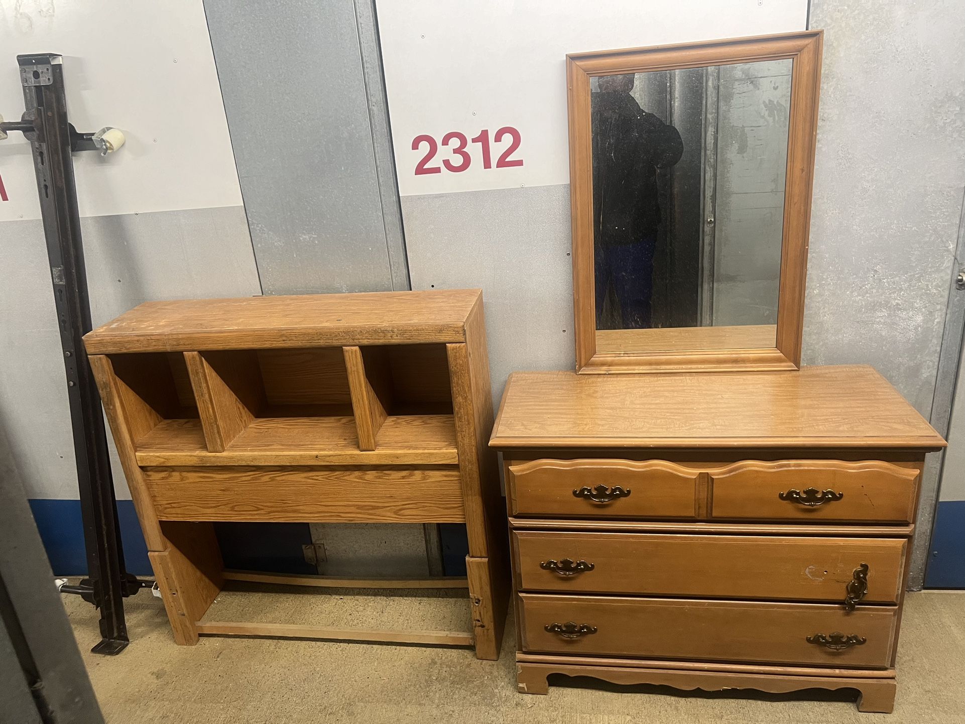 Children’s OAK Dresser , and Twin Bed . Headboard , and Frame. Needs Hardware  Dresser  40” long  17 1/2” deep  31 1/2” tall  Mirror  24” wide  34” ta