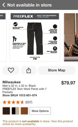 Milwaukee Men’s  32in X 32in Black Freeflex Tech work pants with 7 pockets
