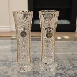 Two Brand New Hand Cut Crystal Vases with Intricate Gold Design. Made In Italy.