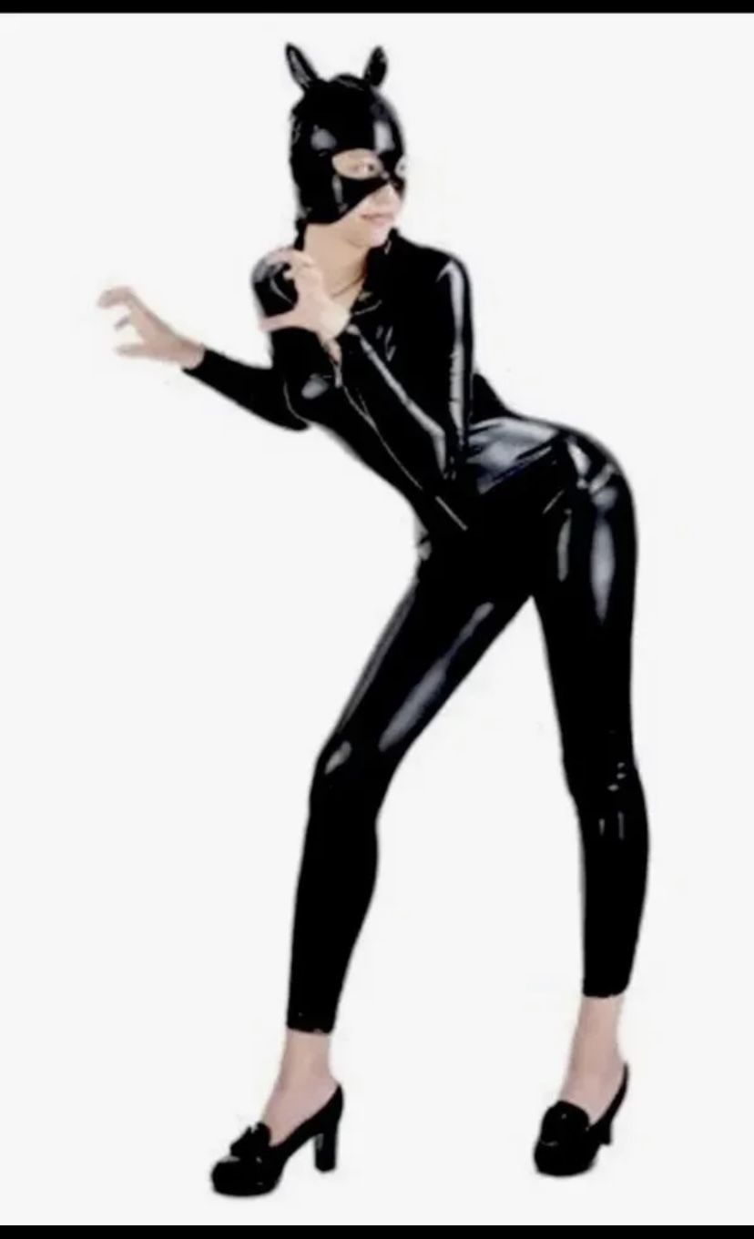 Halloween Sexy Women's Catwoman Costume Zipper-Up Jumpsuit And Mask Costume Sz M 