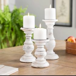  Set of 3 mango wood rustic white candle holders 1
