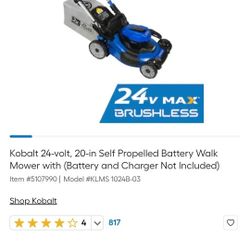 Kobalt 24-volt, 20-in Self Propelled Battery Walk Mower with (Battery and Charger Not Included) $175