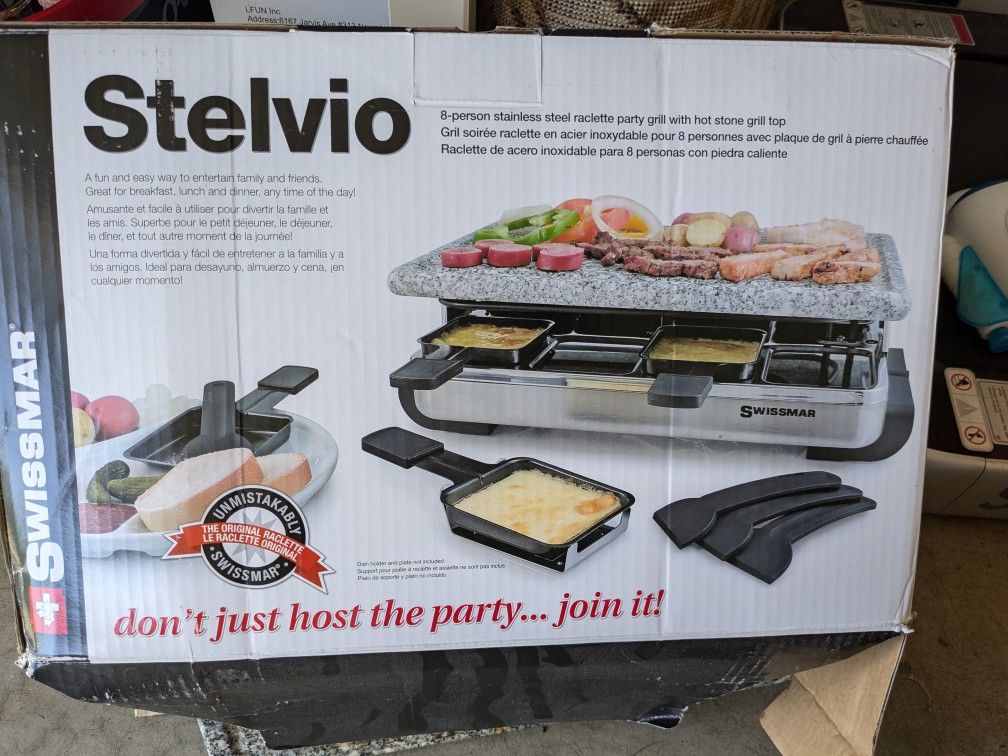 Swissmar KF-77081 Stelvio 8-Person Raclette Party Grill with Granite Stone Grill Top, Brushed Stainless Steel