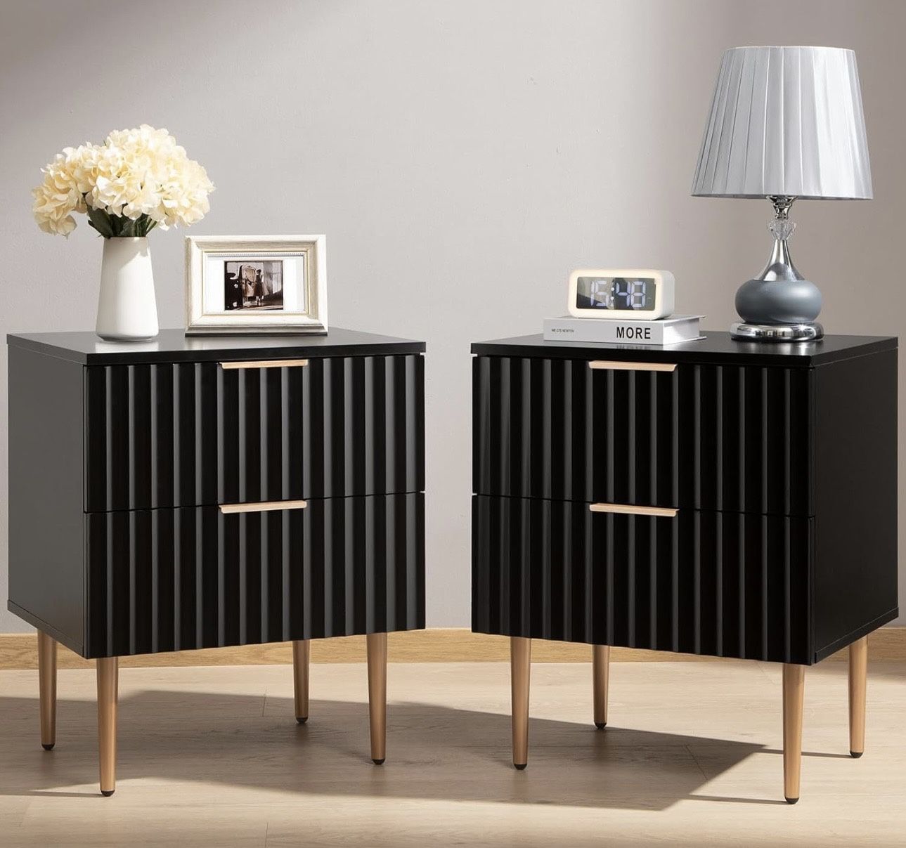New in box Black Night Stand Set 2, Wide Fluted Nightstand with 2 Drawers, Modern Glossy Storage Bedside Table for Bedroom, End Side Table with Golden
