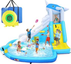 Multifunctional Waterslide Park with Long Waterslide&Water Gun&480W Air Blower~