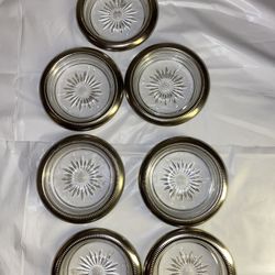 Vintage Leonard Crystal and Silver Plate Coaster Ashtray Set of 7 Italy