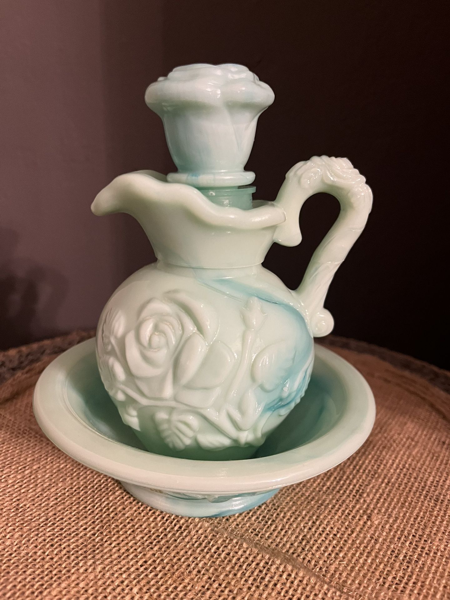 Vintage Avon Turquoise Green Milk Glass Pitcher and Bowl