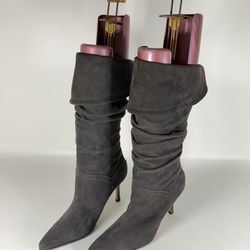 Manolo Blahnik Women's Dark Gray Suede Stiletto Heel Knee-High Boots - Size 36