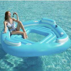 Inflatable 4-Person Swimming Pool Lounger Raft River Lake Floaties Relaxation Water Floats with Cupholders Big Multi Person Tropical Party Toys for Ad
