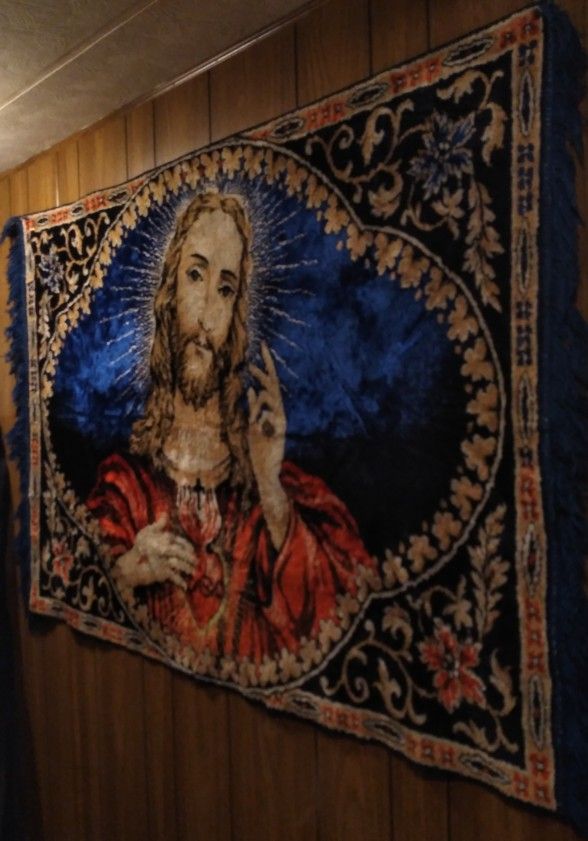 P A Vintage Tapestry A Rare Dark Blue With Jesus Christ On It Being Blessed