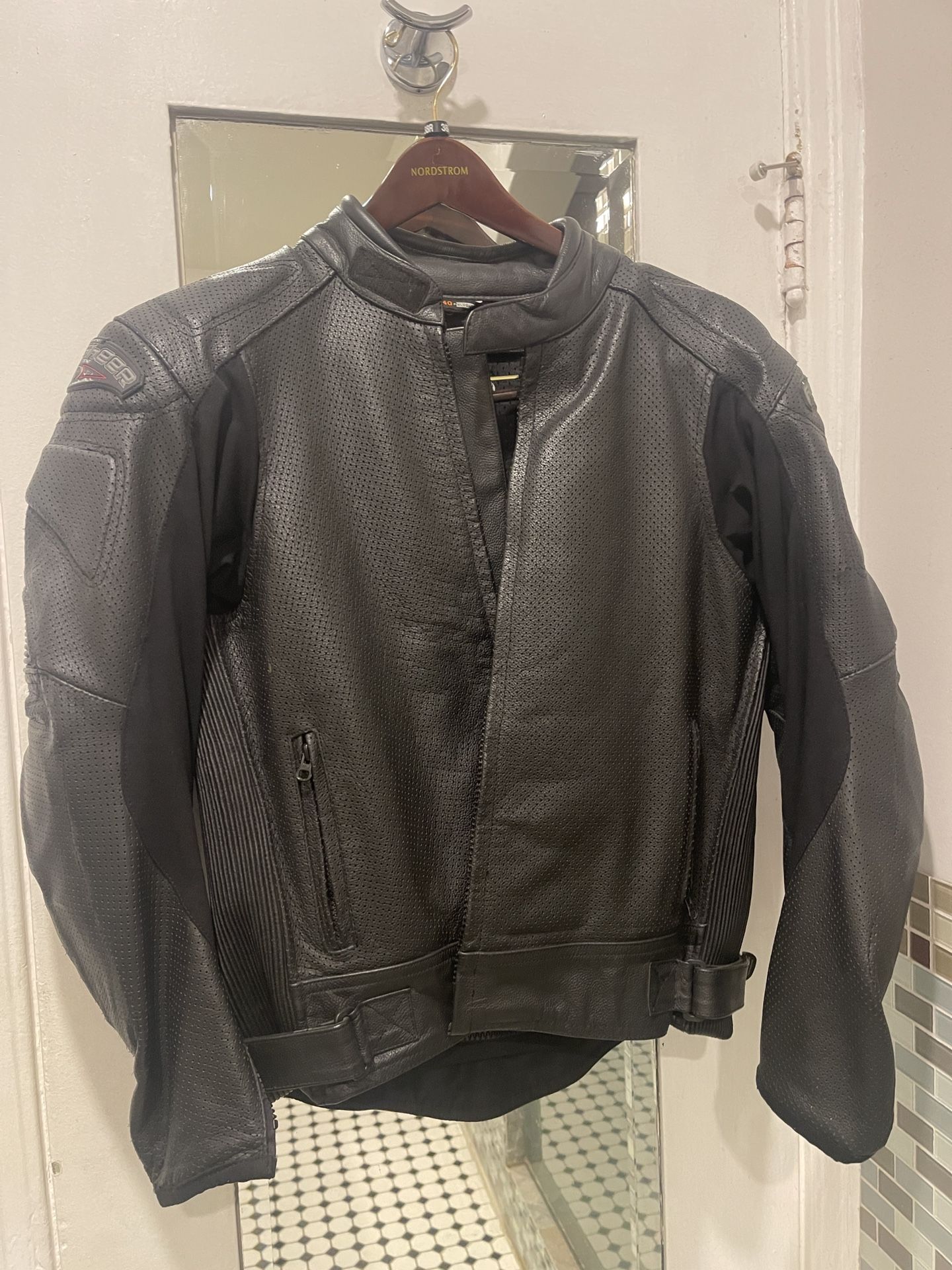 perforated leather riding jacket with matching gloves