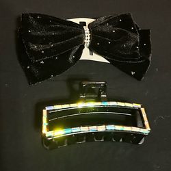 Black Embellished, New Velvet Bow And Barrette Set