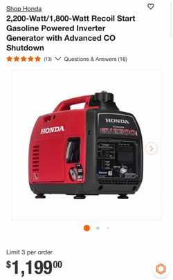 Honda 2,200-Watt/1,800-Watt Recoil Start Gasoline Powered Inverter Generator with Advanced CO Shutdown