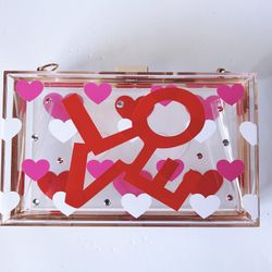 Love Clutch/Purse, Crossbody Clutch, Pink and Red with Rhinestones 