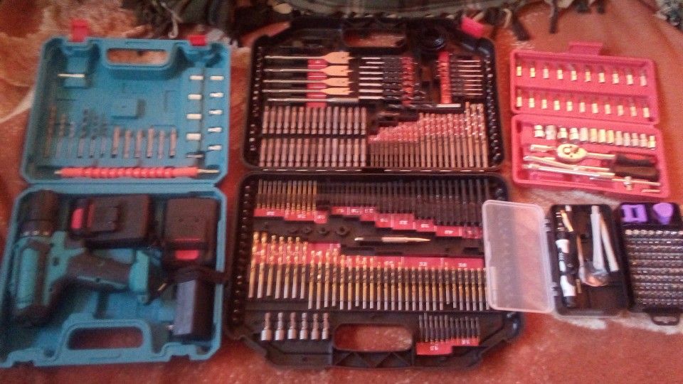 Two battery cordless drill plus socket and drill sets