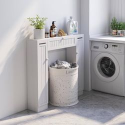 Short Over The Toilet Storage Cabinet, Bathroom Organizer w/Paper Holder, Adjustable Shelves & Bottom Bar, Freestanding Space Saver Above Toilet Stora