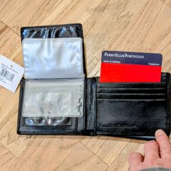 Perry Ellis Portfolio Easy Access Faux Leather Trifold Passcase Black Wallet NIP