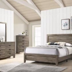 4pc QUEEN bedroom set gray includes queen bed, dresser, mirror and nightstand.