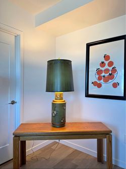 Large Vintage Green Tole Metal Lamp – Hand-Painted Floral in French Country Style