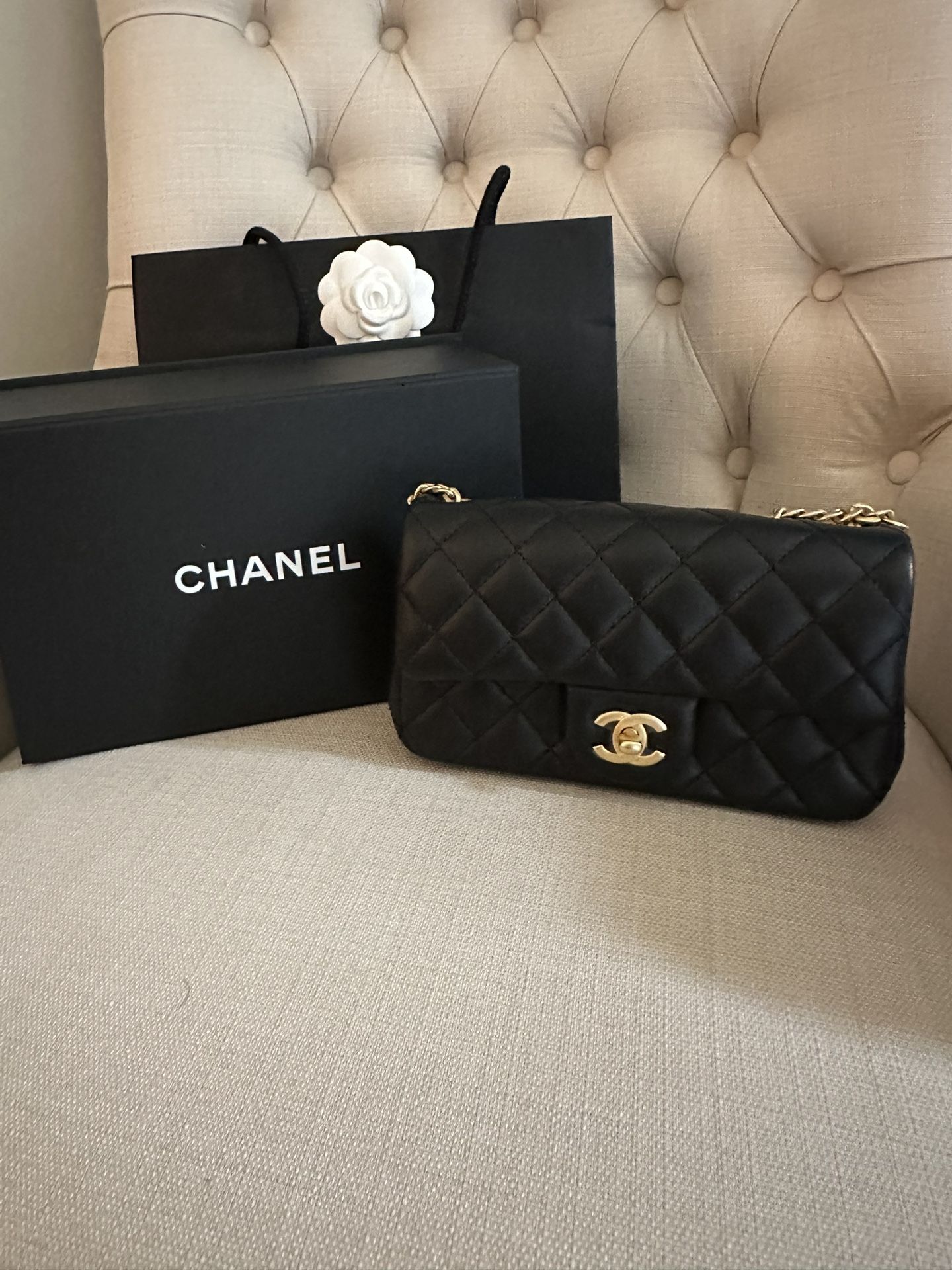 Authentic CHANEL 23s rectangular Black Classic small Flap Bag adjustable handle