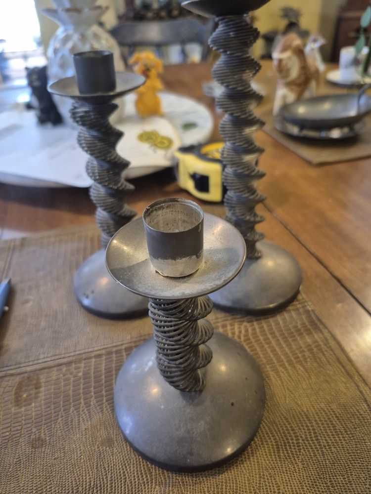 Three vintage spiral twist candlestick holders