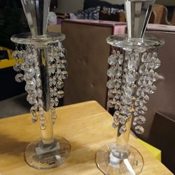      1970s  2  Vintage  age Shannon Barcelona  Collection Lead Crystal  Tapered Candle Holder With Prisms