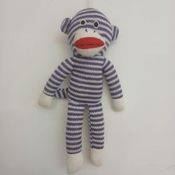 Vintage Old  Sock Monkey Purple Stripes Plush Stuffed Monkey Doll Toy