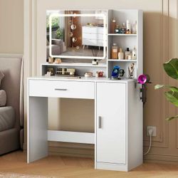 Modern Vanity Desk Set with LED Mirror, Power Outlet, Modern White Makeup Table for Bedroom