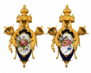 Pair of Italian Reali Firenze Gilt-Metal and Cobalt Porcelain Two-Light Wall Sconces