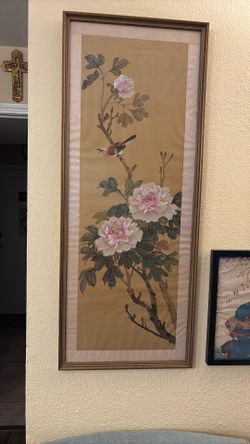 Floral Water Color Painting On silk In Glass Framed 