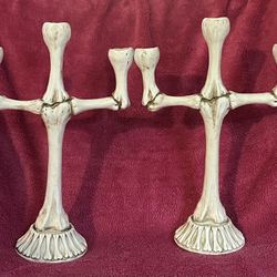 Halloween 14” Tall Cold Cast Ceramic Bones Candelabra Candle Holder Set Of 2! NEW!