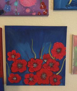 A (1) 12x12 canvas new Painting of 10 Red Flowers in Acrylic by Pelin Haddad blue & Red New