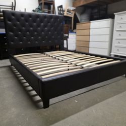 Dark Brown Leather Tufted Queen Size Platform Bed Frame