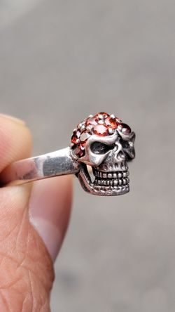 Skull ring with garnet sterling silver 