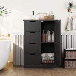 Small Floor Storage Cabinet with 4 Drawers, Black Wooden Storage Organizer with Adjustable Shelf, Freestanding Bathroom Furniture, Home Storage Unit